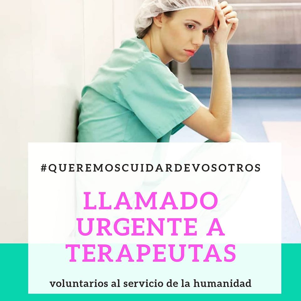 Personal sanitario agotado después de un turno de 12 horas. Y con el texto queremos cuidar de vosotros. Llamado urgente para terapeutas